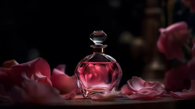 A bottle of perfume with pink petals on the table