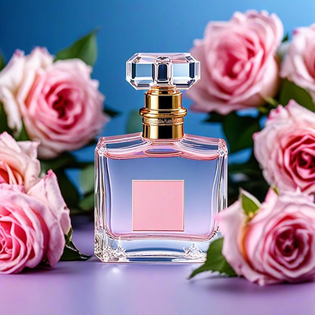 a bottle of perfume with pink roses in the background