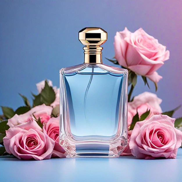 a bottle of perfume with pink roses in the background