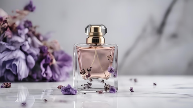 A bottle of perfume with a purple flower in the background