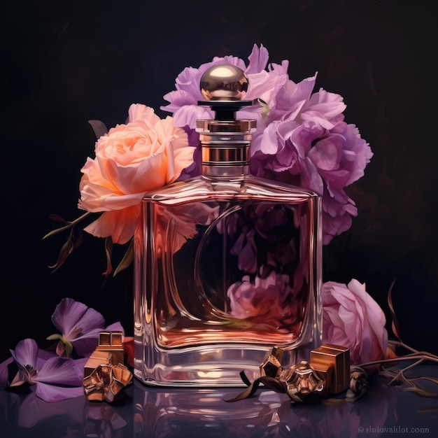 A bottle of perfume with a purple flower next to it