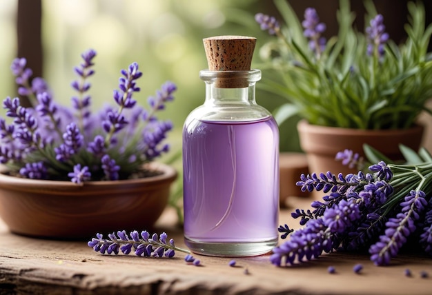 a bottle of perfume with purple flowers in the background