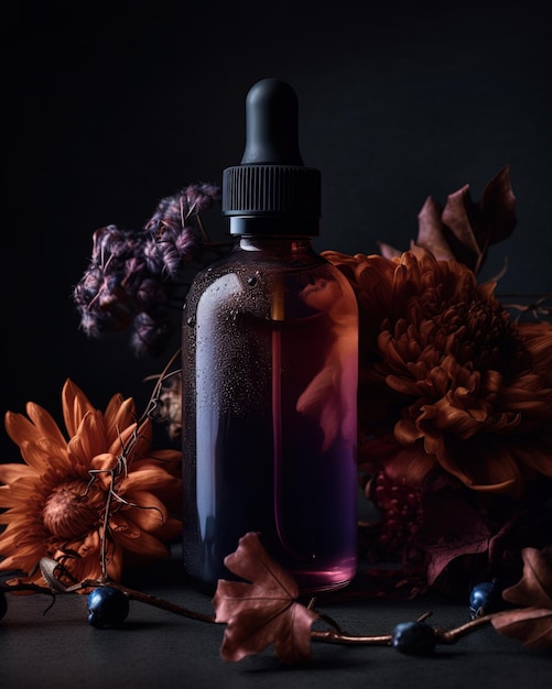 A bottle of perfume with a purple and orange flower behind it.