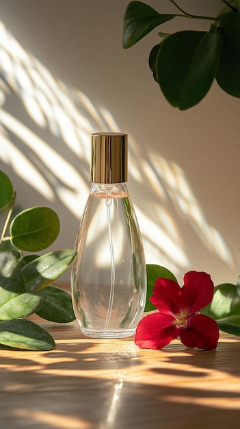 a bottle of perfume with a red flower in the background