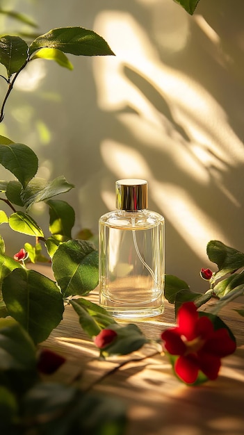 a bottle of perfume with a red flower in the background