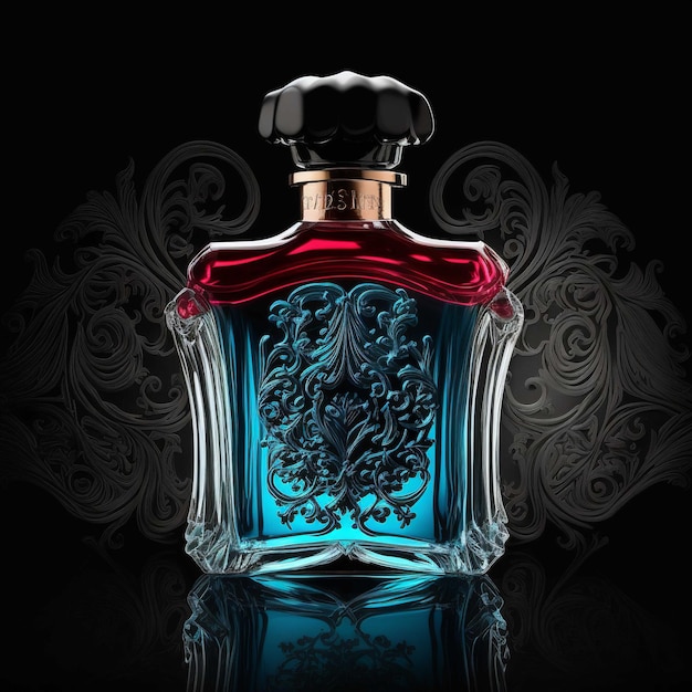 A bottle of perfume with a red top and a blue bottle