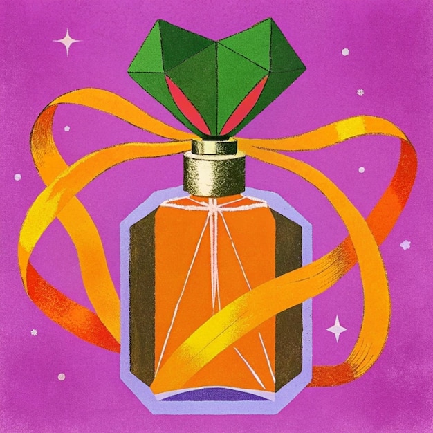 a bottle of perfume with a ribbon around it and a ribbon around it