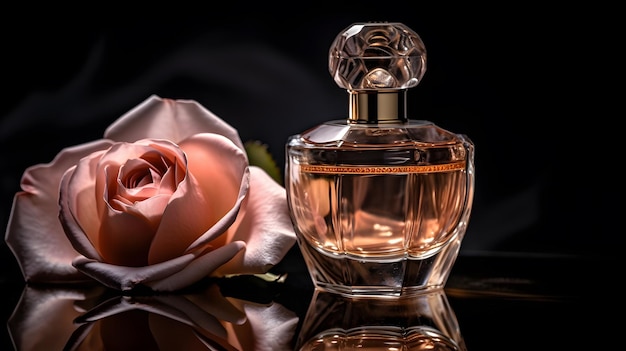 A bottle of perfume with a rose on the side