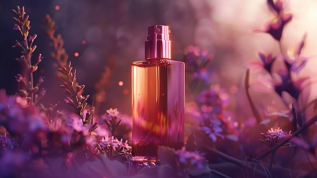 a bottle of perfume with the sun behind it