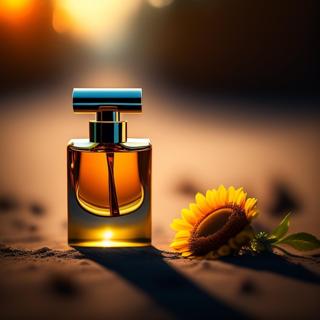 A bottle of perfume with a sunflower on the side