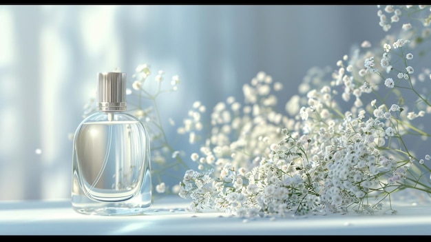 a bottle of perfume with a white background and a bottle of perfume in the foreground