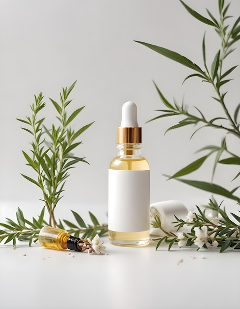 a bottle of perfume with a white bottle of perfume on the table