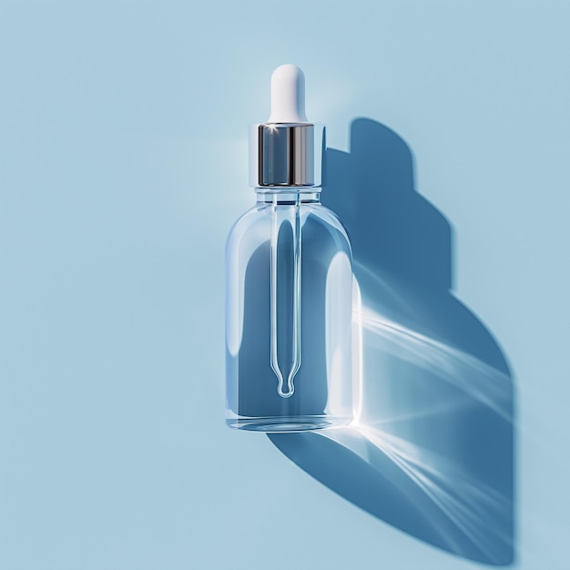 a bottle of perfume with a white cap on a blue background