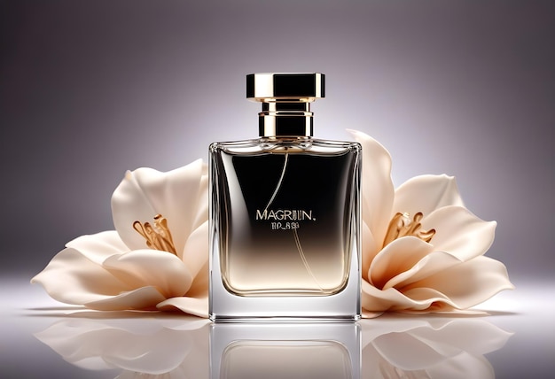 a bottle of perfume with a white flower in the background