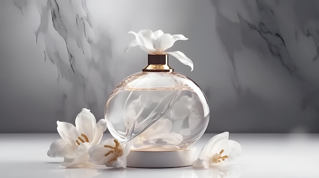 A bottle of perfume with a white flower on the side