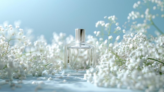 a bottle of perfume with white flowers in the background