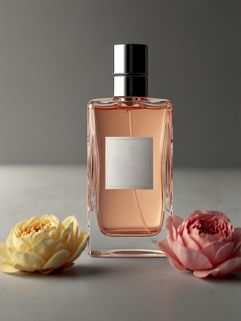 a bottle of perfume with a white label on the front