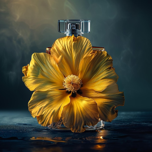 Photo a bottle of perfume with a yellow flower in the middle