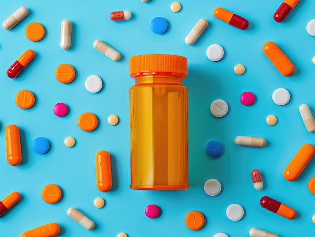 Bottle of pills is surrounded by many other pills