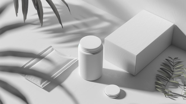 a bottle of pills sits on a table next to a white box