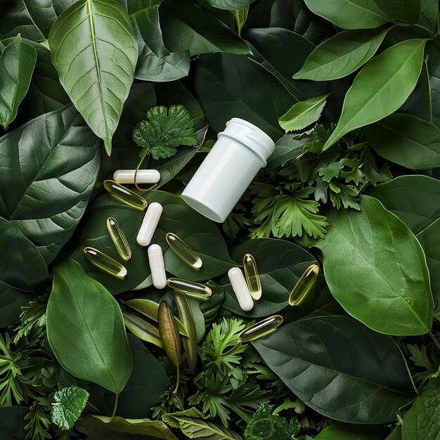 Photo a bottle of pills surrounded by green leaves