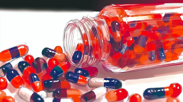 a bottle of pills that is red white and blue