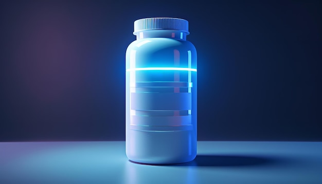 a bottle of pills with a blue light on the top