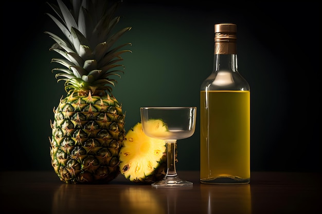 A bottle of pineapple juice next to a glass of pineapple juice.