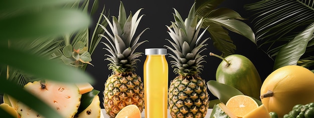 A bottle of pineapple juice sits next to a bottle of pineapple juice.