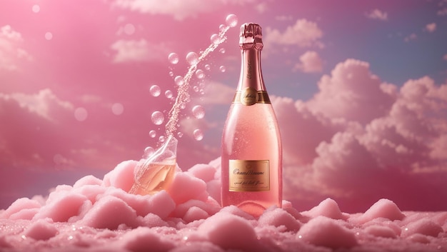 A bottle of pink champagne against a pink background with a glass half full of champagne and bubbles