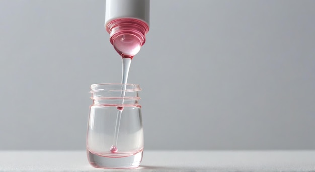 a bottle of pink liquid is being poured into a beaker