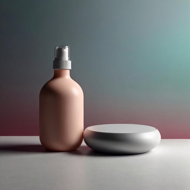 Photo a bottle of pink liquid sits on a table next to a white bowl