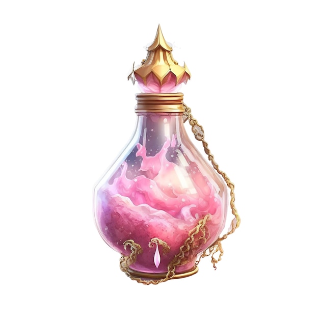 A bottle of pink liquid with a gold chain around it that says'magic'on it