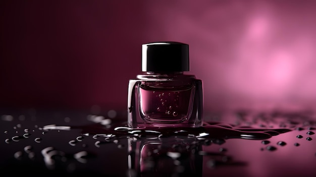 A bottle of pink nail polish sits on a black surface.