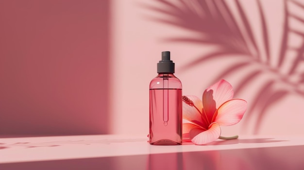 a bottle of pink perfume with a palm tree in the background