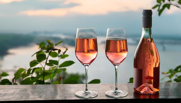 bottle of pink rose wine with two glasses romantic dinner for couple