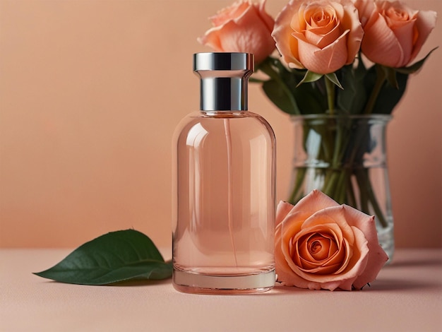 a bottle of pink roses sits next to a pink rose