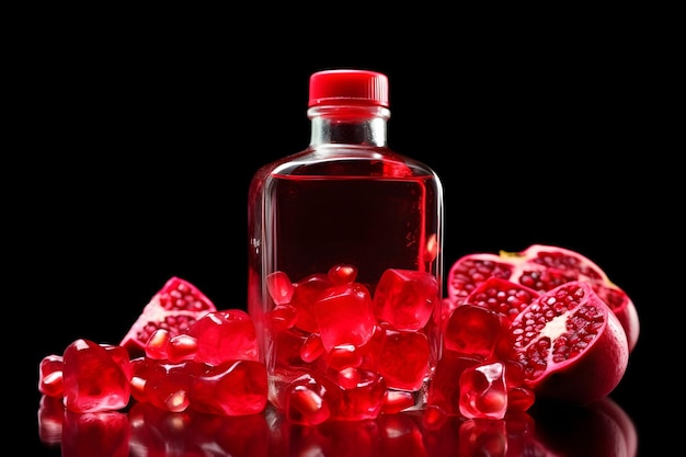 A bottle of pomegranate juice with a red cap and some ice cubes on the table