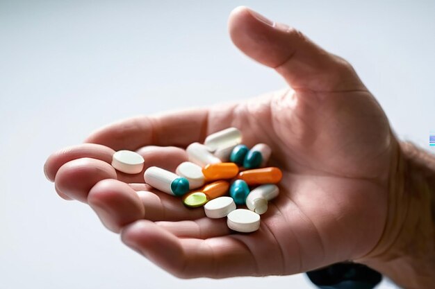 Bottle pouring pills on a males hand