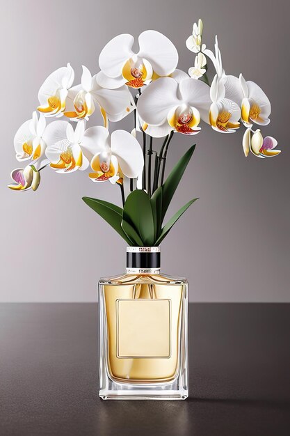 A bottle of premium perfume surrounded by a bouquet of fresh orchids Aigenerated