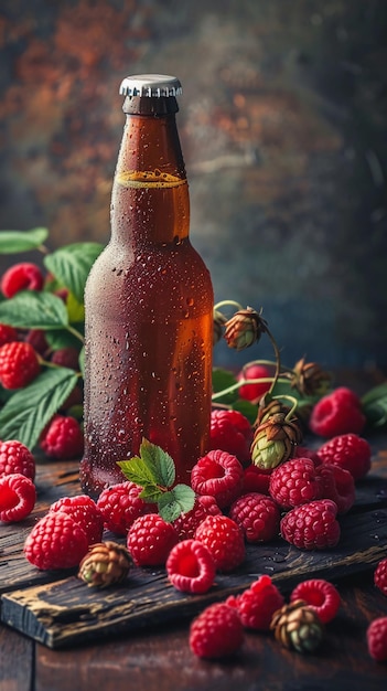 Bottle of raspberry beer on wooden surface with fresh raspberries and sprigs of hops AI Generated