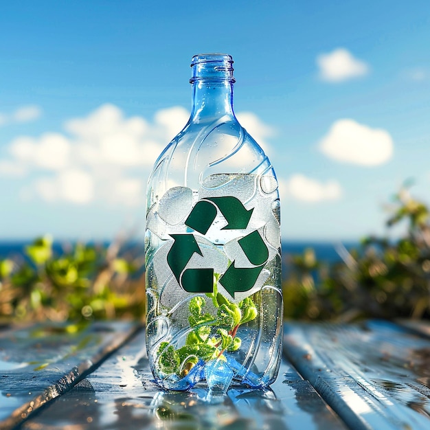 a bottle of recycle bottles with a plant in it