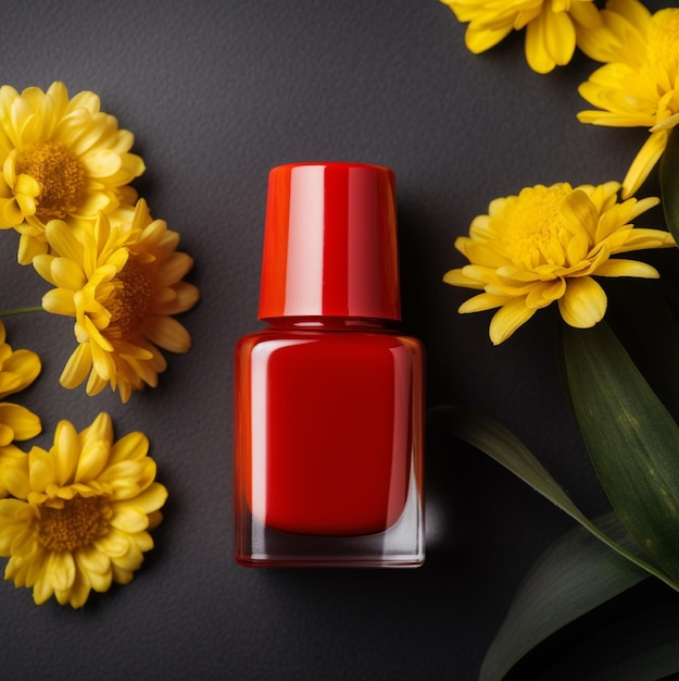 A bottle of red nail polish with yellow flowers on a black background