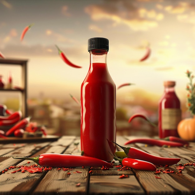 a bottle of red pepper with a bottle of red pepper on the table