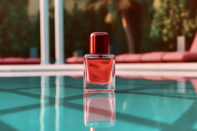 A bottle of red perfume is on a glass table.