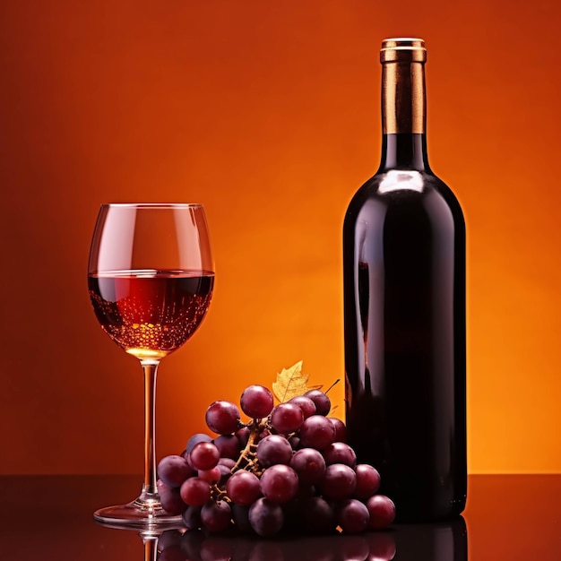 Bottle of red wine glass and grapes on orange and red background