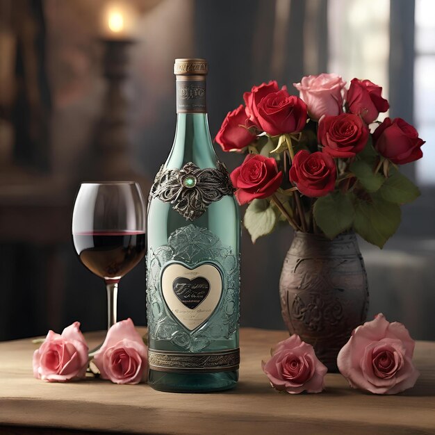 Photo bottle of red wine romantic style