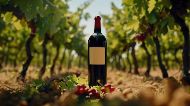 bottle of red wine in the vineyards in the sun