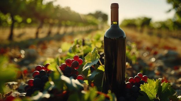 bottle of red wine in the vineyards in the sun