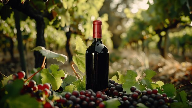 bottle of red wine in the vineyards in the sun